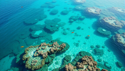 Fototapeta premium Aerial view of crystal-clear ocean waters revealing colorful coral reefs and marine life beneath the surface.