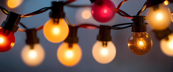macro shot of a string of christmas lights glowing in warm white and multicolor