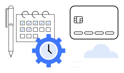 Pen beside a checked calendar, blue clock gear, credit card, and cloud. Ideal for time management, productivity, scheduling, efficiency financial planning organization. Line metaphor