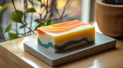 A boldly colored abstract artisanal soap bar