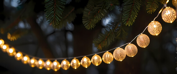 macro shot of shimmering beads strung into a garland wrapped around a tree