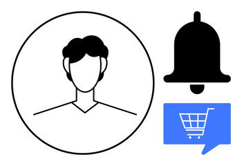 User profile within a circle, bell notification icon, and blue shopping cart in speech bubble. Ideal for user interface design, e-commerce, notifications, alerts, online shopping, customer profiles