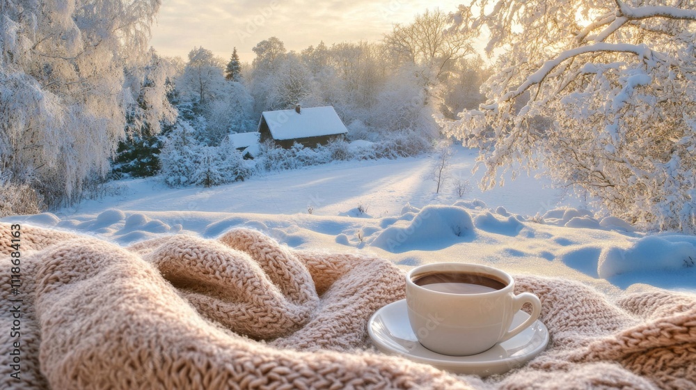 Poster a cozy atmosphere envelops a warm cup of drink resting on a delicate saucer. blankets frame the scen