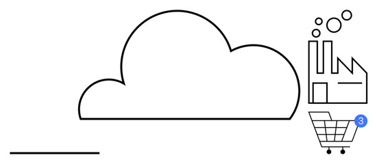Cloud connected to a factory and shopping cart with notifications. Ideal for cloud technology, industrial automation, e-commerce, logistics, supply chain, digital transformation, data management