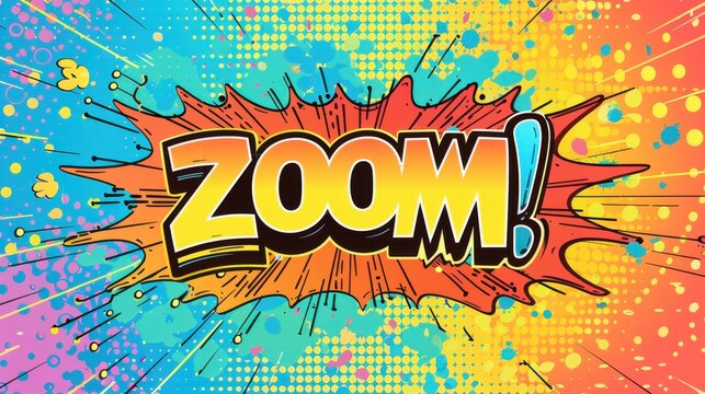 Pop art comic speech bubble with "ZOOM!" text, colorful halftone pattern, and vibrant colors in vector illustration