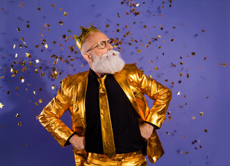 Photo portrait of old macho man confetti look empty space dressed glamour stylish golden outfit...