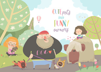 Funny owners walking with their cute pets. Vector illustration