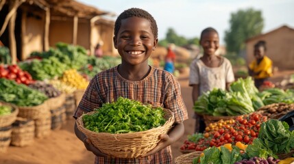 In a lively market atmosphere, a joyful boy proudly displays a basket filled with fresh greens, surrounded by colorful produce and cheerful vendors in a rural setting