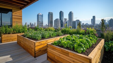 Fototapeta premium Rooftop garden growing fresh vegetables in urban setting with city skyline
