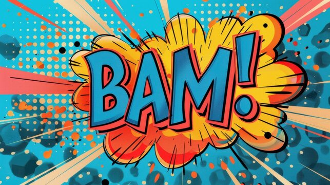Pop art style comic speech bubble with "BAM!" text, colorful explosion background, and dynamic lines in vector illustration