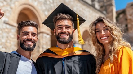 Three friends celebrate a graduation day at a historic university campus, showcasing their joy with bright smiles and academic attire amidst stunning architecture