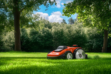 The orange robot lawn mower mowing green grass in the park