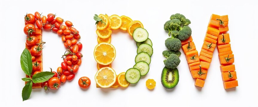 Colorful fruits and vegetables spelling DDM on white background