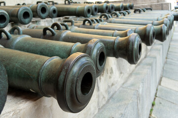 Old bronze cannons on the stone steps in the Kremlin.