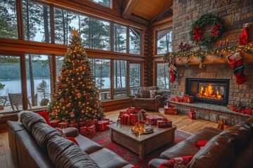Christmas tree illuminating cozy living room in log cabin by the lake