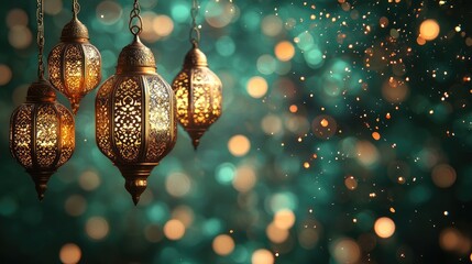 Ornate lanterns hanging, illuminating festive celebration with warm light