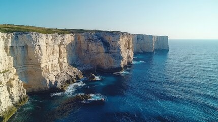 Dramatic cliffs meeting turquoise ocean waves on sunny day