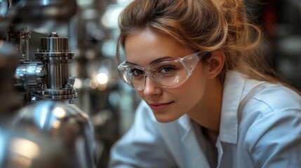 young scientist wearing safety goggles is focused on research in a laboratory filled with metallic equipment. Her expression shows determination as she engages with the intricate machinery