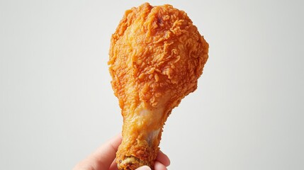 A hand holding a crispy fried chicken drumstick against a plain background.