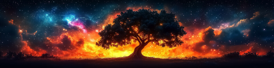 Fototapeta premium Stunning cosmic tree silhouette against a fiery, starry sky perfect for wall art, posters, and backgrounds, evoking tranquility and wonder for decoration or meditation.