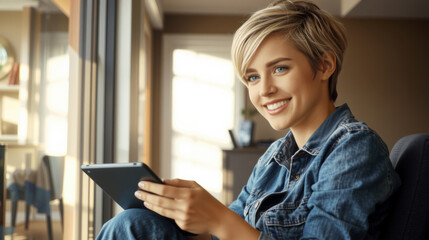 woman with short hair smiles while using tablet computer in cozy coffee shop. warm lighting creates relaxed atmosphere, perfect for enjoying moment of leisure