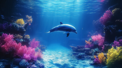 Stunning underwater scene featuring a dolphin amidst vibrant coral reefs, perfect for wall art, posters, backgrounds, and promoting ocean conservation and marine life education.