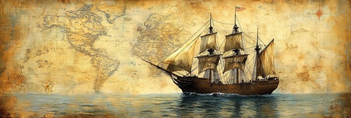 Vintage sailing ship on old world map with ocean background