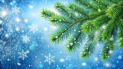 Obraz premium snowy green spruce branch with delicate snowflakes falling against a blue background. Ideal as a winter banner or template for Christmas greetings, holiday promotions, and seasonal designs.