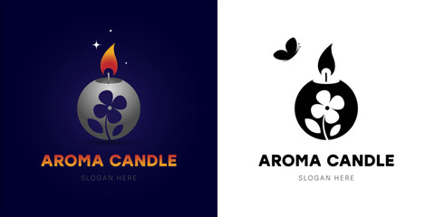 Burning candle and flower. Sign or logo template. Vector, illustration