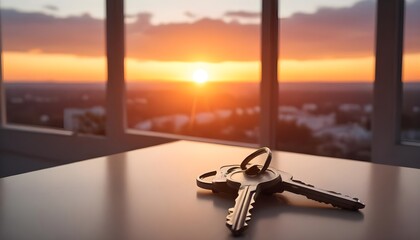 A set of house keys on a table in front of a window with a beautiful sunset view in the background