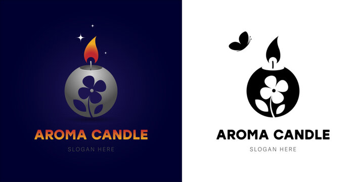 Burning candle and flower. Sign or logo template. Vector, illustration