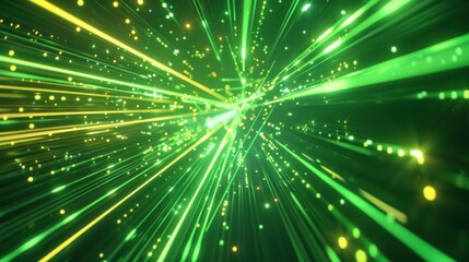 Fototapeta premium Abstract background with green light rays and yellow glow, representing speed of space time tunnel or energy flash.