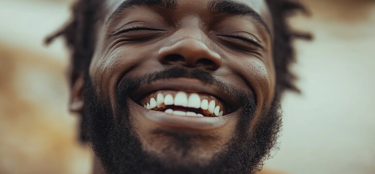 Close-up portrait of a happy smiling man with closed eyes and a beard.