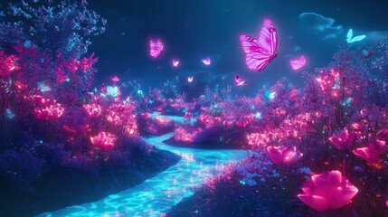 Fototapeta premium A vibrant, dreamlike landscape with glowing flowers and butterflies by a shimmering stream.