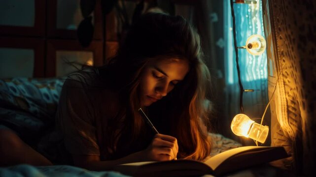 Quiet moments of reflection during nighttime study in a cozy room