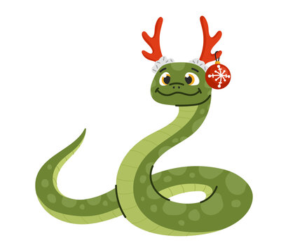 Cute christmas snake in deer antlers. Symbol of 2025 New Year with xmas deer horns. Isolated vector illustration on white background.