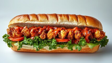 A large sandwich filled with crispy chicken, lettuce, tomatoes, and sauce on a soft bun.