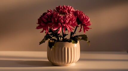 Obraz premium Vibrant magenta chrysanthemums in a beige ceramic vase, lit dramatically by warm sunlight, creating a striking contrast and a cozy, artistic still life. 
