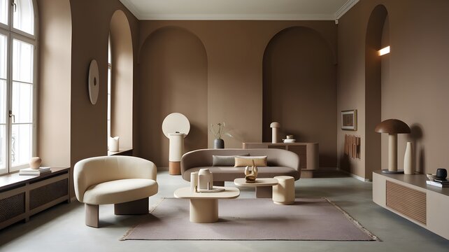 Modern living room with minimalist beige furniture, curved sofas, and sculptural decor set in a spacious interior with arched walls and warm earth tones.
