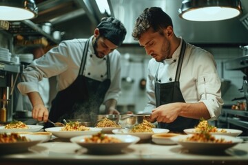 Young cooks men in aprons carefully serving meal in white ceramic dishes on restaurant kitchen