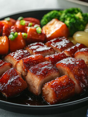 Char siu pork with vegetables on a black plate