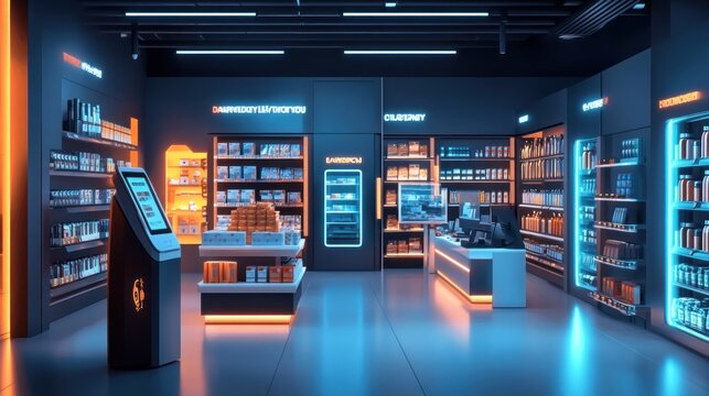 Futuristic retail store interior with neon lighting, self-checkout kiosk, and various products on shelves.
