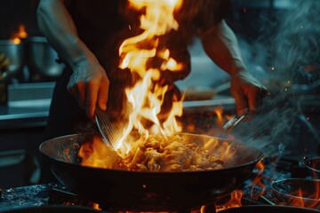 Chef cooking with fire in professional kitchen.