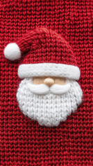festive red knit sweater texture featuring detailed Santa Claus design with white beard, mustache, and red hat, evoking holiday cheer and warmth