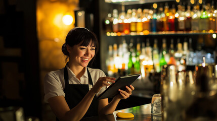 Portrait of Happy Young Woman at Coffee Shop Counter Using POS Terminal. Perfect for showcasing caf&eacute; staff, customer service, or restaurant operations.

