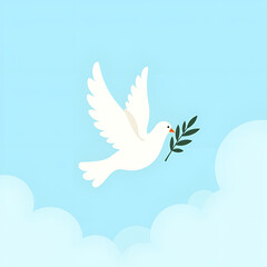 Obraz premium White dove, peaceful, flying with an olive branch in a clear blue sky 