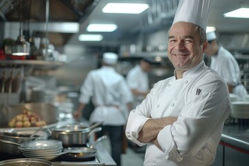Celebrity chef poses in modern kitchen with staff working.