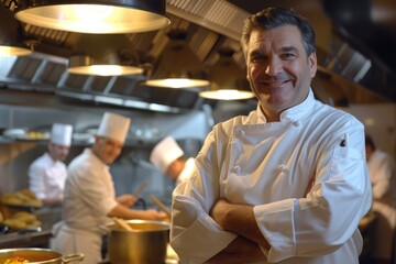 Celebrity chef poses in modern kitchen with staff working.
