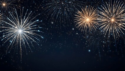 Bright fireworks, silver and gold, explode against a dark night sky.

