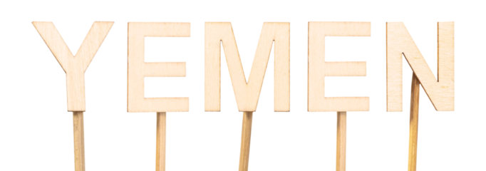 Wooden letters on wooden sticks forming the name of the asian country Yemen